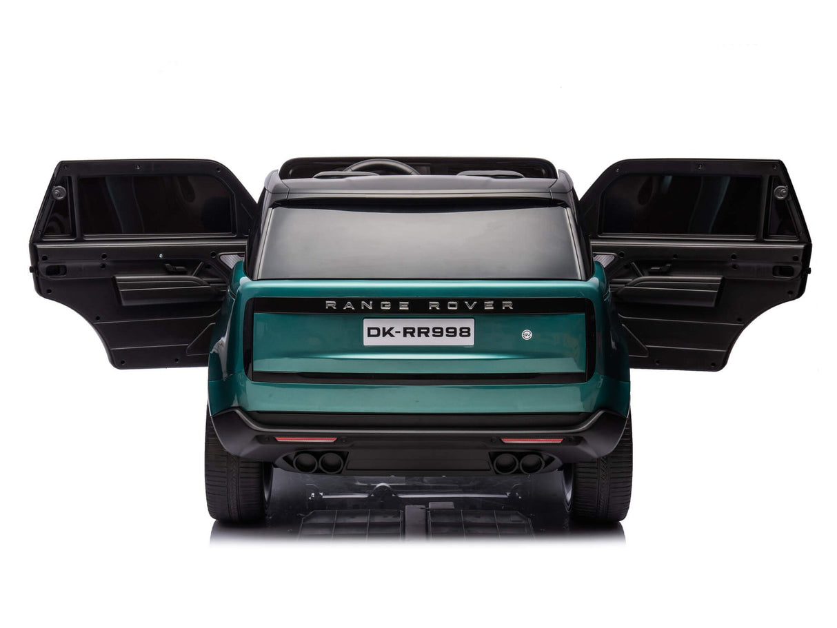 The Green Metallic 24V Kids Range Rover is a luxury ride-on SUV with open doors and parental controls, seen from the rear against a white background. The license plate says DK-RR998, embodying a premium adventure for children.