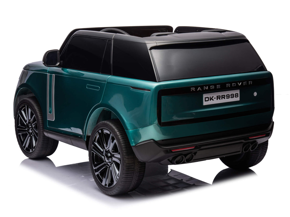 A Green Metallic 24V Kids Range Rover: Luxury Ride-On SUV with black windows, sleek lines, and detailed wheels is shown on a white background, identified as model DK-RR998 on the license plate.