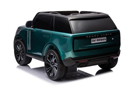 The Green Metallic 24V Kids Range Rover ride-on SUV boasts a detailed design with black windows and wheels on a white background. Its license plate DK-RR99B and rear prominence reflect its luxury, enhanced by premium features and parental control.