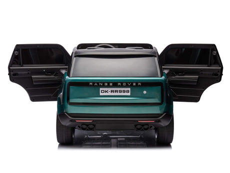 A Green Metallic 24V Kids Range Rover: Luxury Ride-On SUV with Premium Features & Parental Control is showcased from the back, both rear doors open, with license plate DK-RR998 against a white background.