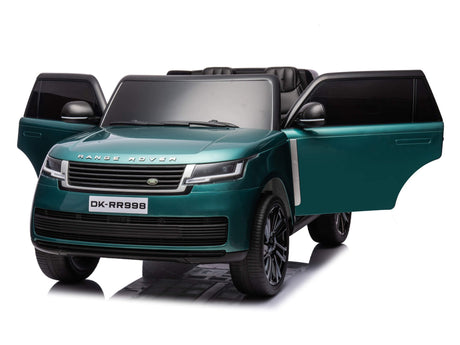 The Green Metallic 24V Kids Range Rover ride-on SUV captivates young adventurers with its luxury design and black wheels. Front doors open to reveal a refined interior with black seats and license plate DK-RR998, offering a sophisticated playtime experience.