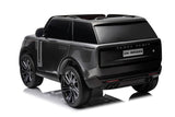 A stylish Grey 24V Kids Range Rover miniature SUV is displayed from the back, boasting luxury details such as dark-tinted windows, realistic wheels, and an intricate design. The license plate reads DK-RR998. This two-seater ride-on car appears against a plain white background.