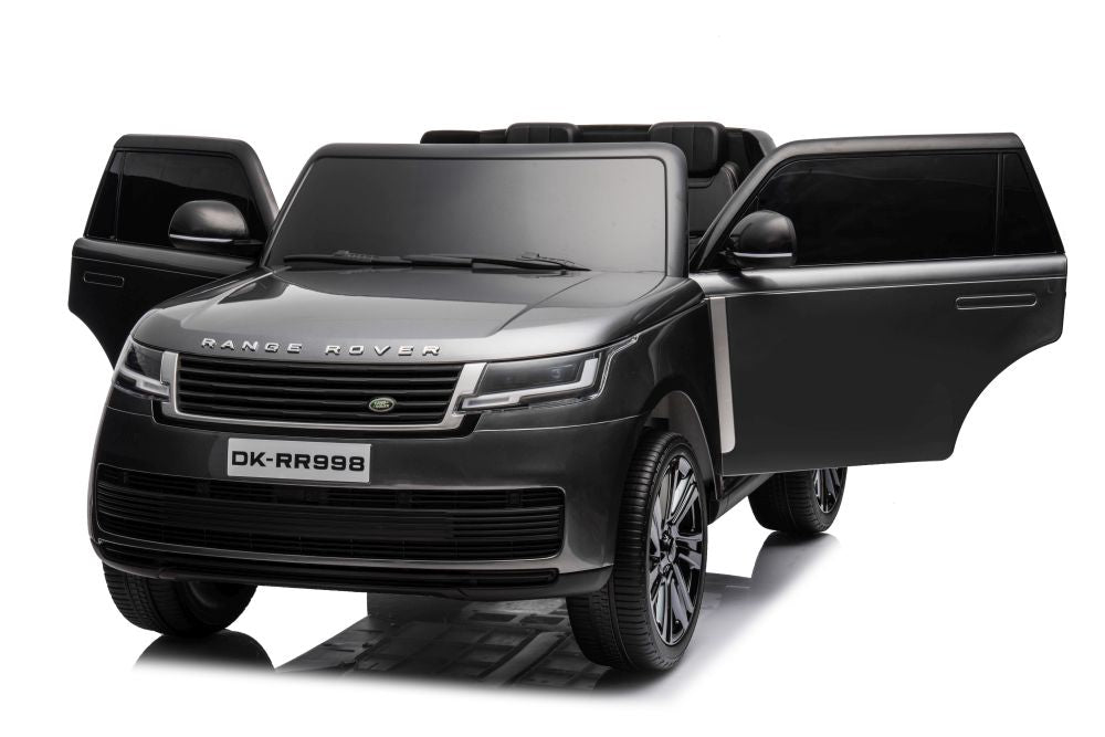 A Grey 24V Kids Range Rover toy car with doors open, highlighting its sleek design. This luxury ride-on SUV includes realistic headlights and a license plate DK-RR998, all on a white background, offering premium features and parental control in a two-seater format.