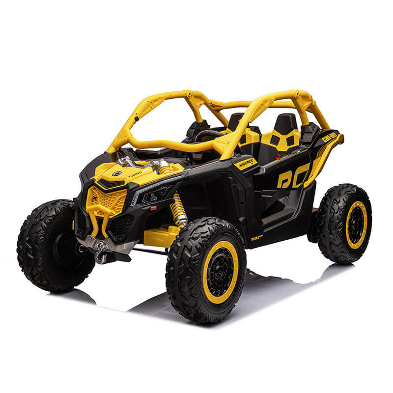 The Yellow 2x24V/2WD Official Can-Am Maverick Ride on Buggy, LX Performance, features rugged black and yellow tires, an open roll cage, sporty seats, and a vibrant design. Its built for adventurers with visible suspension components and comes with a 2-year bumper-to-bumper warranty.