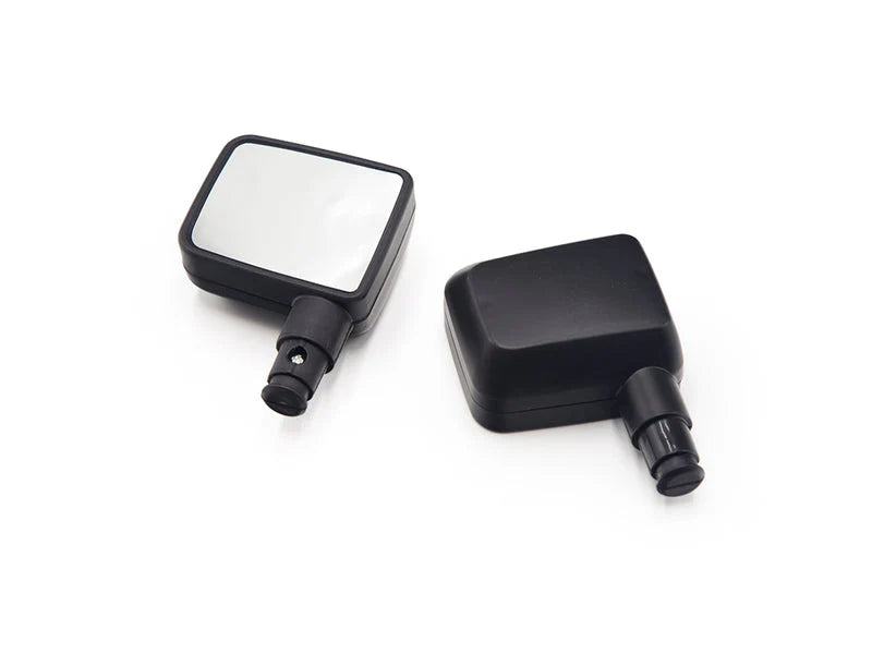 The 12V 888 2WD Set Of Mirrors showcases two black rectangular side mirrors with mounting rods on a white background, highlighting one reflective surface and the back of the other. Perfect for your ride-on car, they are part of our final sale.