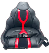 The TEST 12V 720 McLaren Seat with Seatbelt included features a textured design and modern black and red look with red accent stitching. Its perfect for any ride-on car and is a Final Sale item.