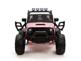 This pink 24V ride-on truck for kids features large rubber wheels, LED roof lights, and a powerful battery. The front view reveals winch hooks and a mesh grille, mimicking a rugged off-roader.