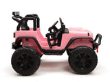 The Pink 24V EVA Big Wheels Kids 1 Seater Upgraded Ride On Truck includes rubber wheels, a remote, roll bars, mirrors, and off-road lights. It’s perfect for kids and toddlers.