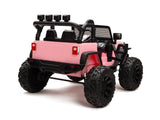 The Pink 24V EVA Big Wheels Kids 1 Seater Upgraded Ride On Truck with Rubber Wheels is shown from the rear-left, highlighting its large black tires and grille. Equipped with a roll bar featuring spotlights and a spare tire holder, its powered by a 24V battery.