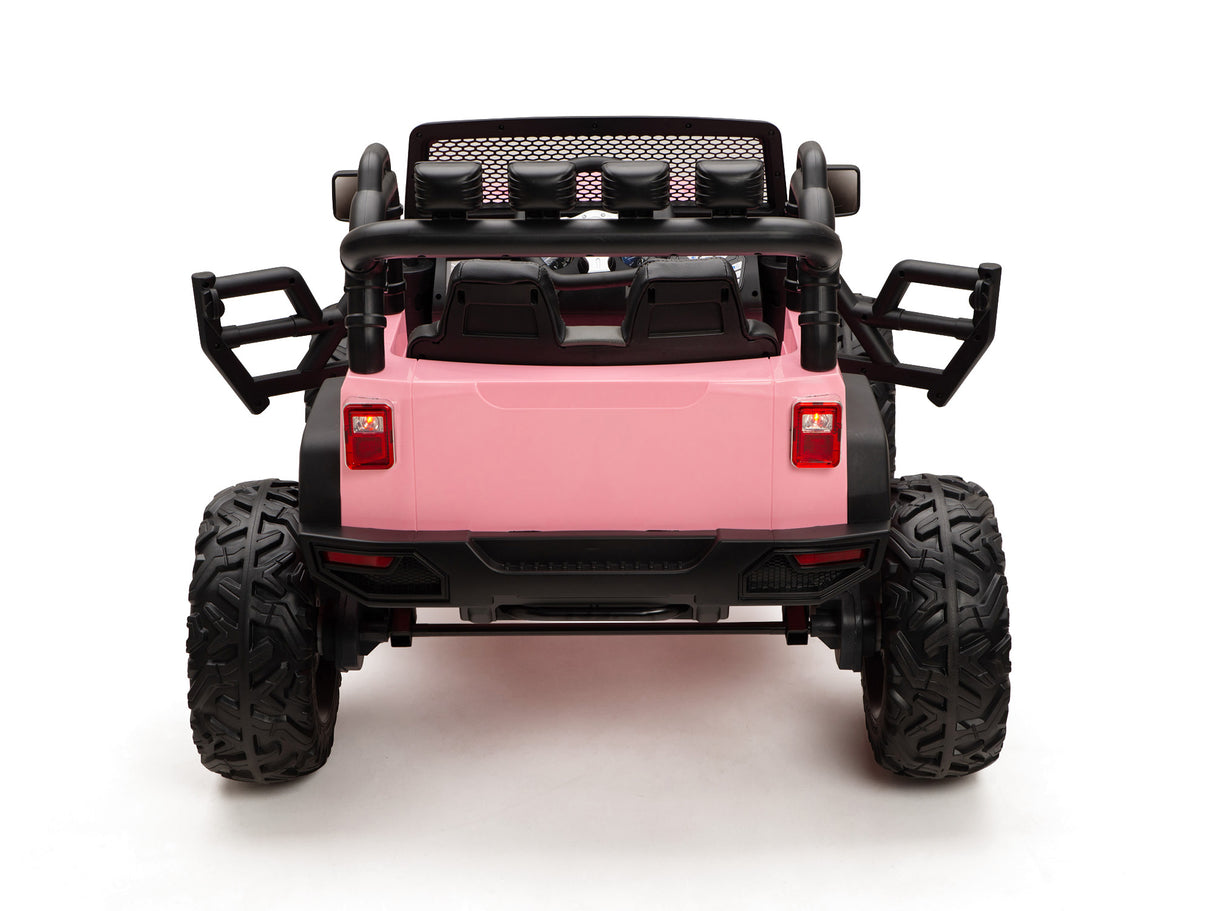 A Pink 24V EVA Kids Ride On Truck with big rubber wheels is shown from the back. Designed for toddlers, it features one seat, side mirrors, and red rear lights. Its vibrant design stands out against the white background.