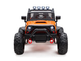 The Orange 24V EVA Big Wheels Kids 1 Seater Ride On Truck features oversized rubber tires, an orange body, a mesh grille, LED roof lights, and red towing hooks. Ideal for adventurous play, this upgraded remote-controlled vehicle is perfect for kids and toddlers seeking excitement.