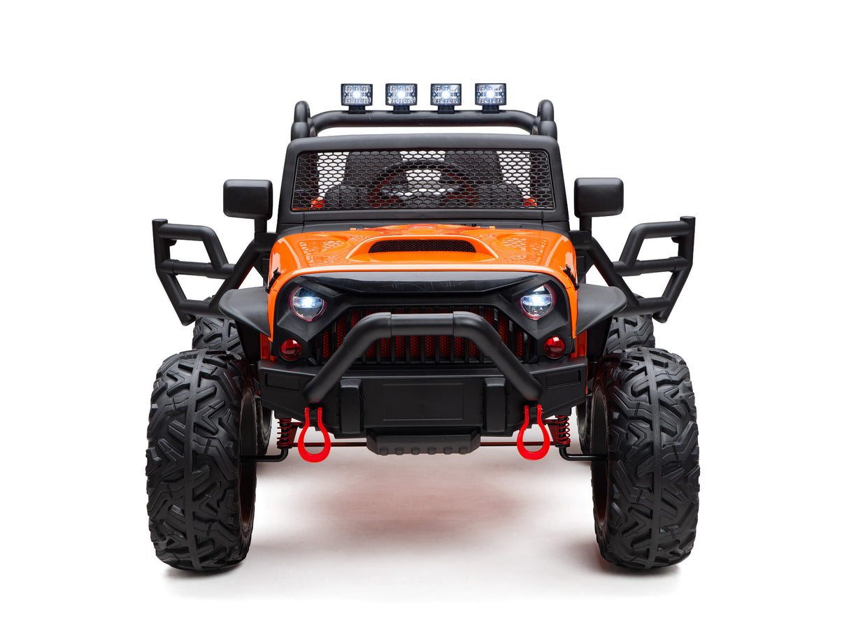 The Orange 24V EVA Big Wheels Kids 1 Seater Upgraded Ride On Truck features large treaded rubber wheels, a black protective frame, roof lights, and a mesh-covered windshield. This rugged SUV-inspired toy can be remote-controlled for added fun.