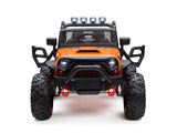 The Orange 24V EVA Big Wheels Kids 1 Seater Upgraded Ride On Truck features large treaded rubber wheels, a black protective frame, roof lights, and a mesh-covered windshield. This rugged SUV-inspired toy can be remote-controlled for added fun.