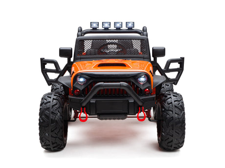 The Orange 24V EVA Big Wheels Kids 1 Seater Upgraded Ride On Truck features large treaded rubber wheels, a black protective frame, roof lights, and a mesh-covered windshield. This rugged SUV-inspired toy can be remote-controlled for added fun.