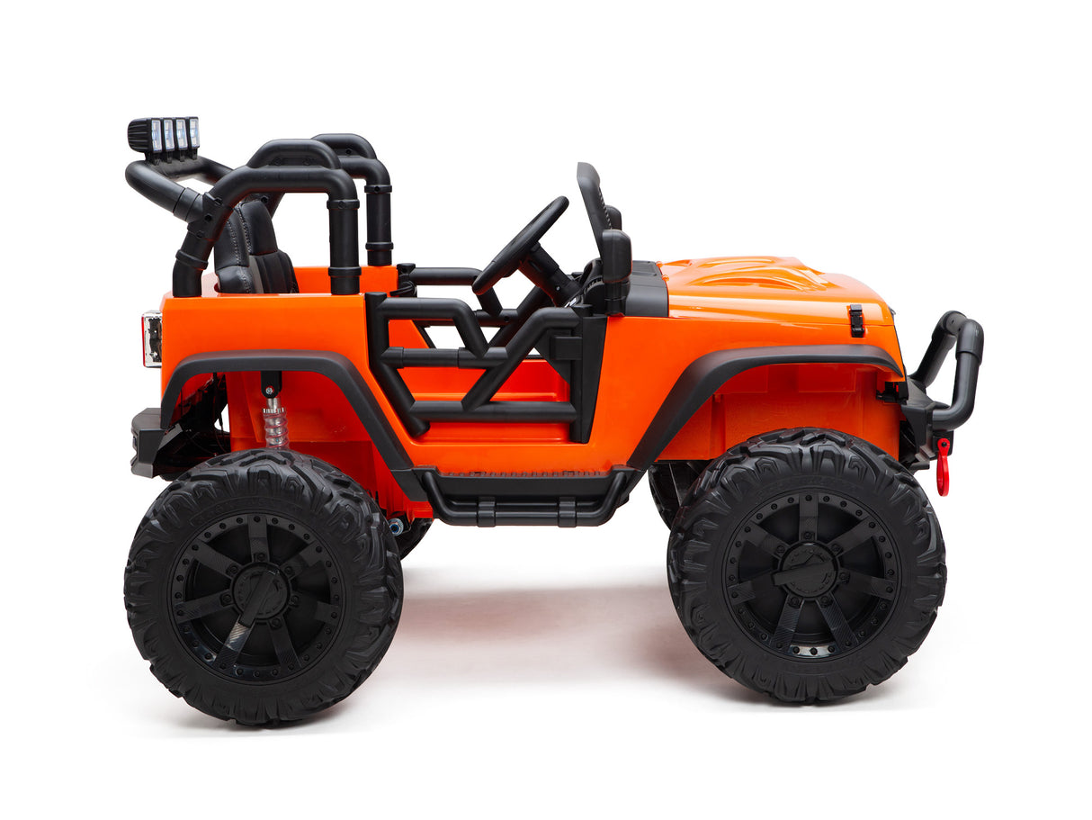 The Orange 24V EVA Big Wheels Kids 1 Seater Ride On Truck features oversized black rubber wheels, roll bars, side mirrors, a steering wheel, and a detailed interior. Ideal for kids and toddlers, it comes with remote control for extra fun and is shown from the side against a plain white background.