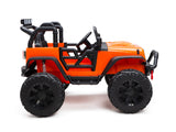 The Orange 24V EVA Big Wheels Kids 1 Seater Ride On Truck features oversized black rubber wheels, roll bars, side mirrors, a steering wheel, and a detailed interior. Ideal for kids and toddlers, it comes with remote control for extra fun and is shown from the side against a plain white background.