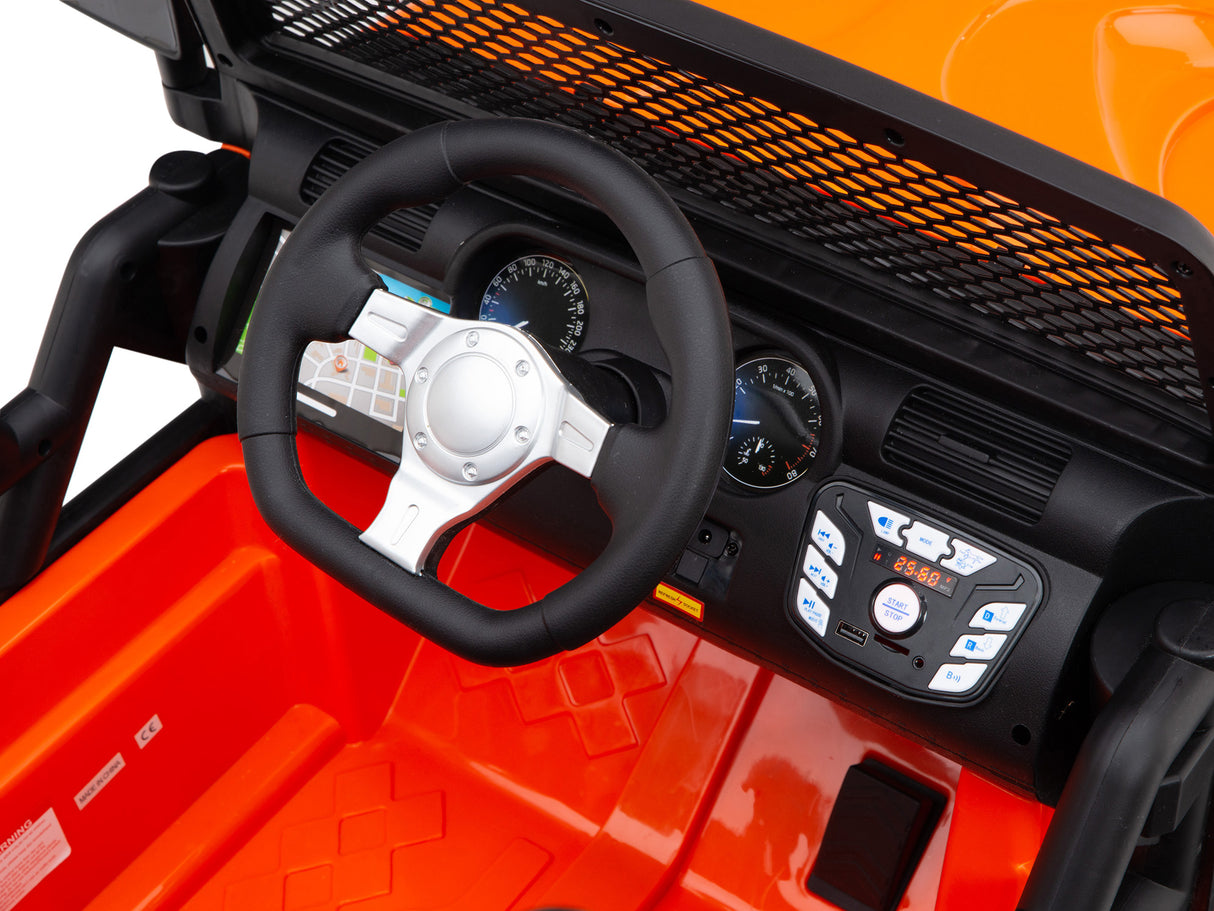 Close-up of the Orange 24V EVA Big Wheels Kids 1 Seater Upgraded Ride On Trucks dashboard and controls, featuring an orange seat, speedometer, and a black steering wheel with a silver center, buttons, and a digital screen for toddlers.