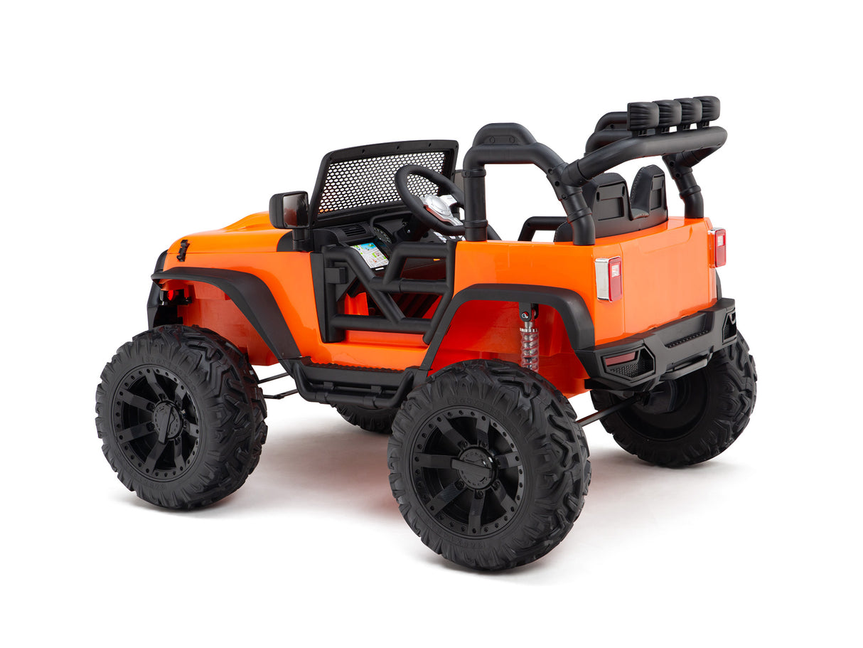 The Orange 24V EVA Big Wheels Kids 1 Seater Upgraded Ride On Truck features large black rubber wheels, an open-top with a visible steering wheel, and black roll bars. The off-road jeep design is perfect for kids and toddlers, positioned on a plain white background showcasing its remote control capabilities.