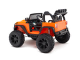 The Orange 24V EVA Big Wheels Kids 1 Seater Upgraded Ride On Truck features large black rubber wheels, an open-top with a visible steering wheel, and black roll bars. The off-road jeep design is perfect for kids and toddlers, positioned on a plain white background showcasing its remote control capabilities.