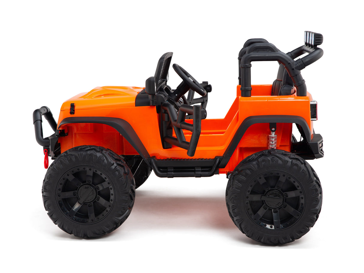 The Orange 24V EVA Big Wheels Kids 1 Seater Upgraded Ride On Truck is a vibrant orange toy with large black rubber wheels and an open-top, detailed interior. Positioned right against a white background, its perfect for kids and comes with remote control.