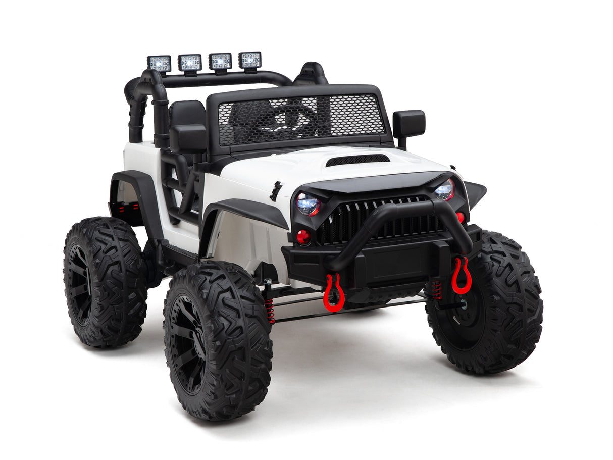 A White 24V EVA Big Wheels Kids 1 Seater Upgraded Ride On Truck with rubber wheels and remote features four rooftop lights, a black grille, red tow hooks on the front bumper, oversized black tires, and is designed for off-road style play.