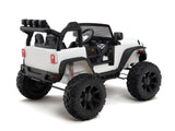 The White 24V EVA Big Wheels Kids 1 Seater Upgraded Ride On Truck features rubber wheels, an open cabin design with a steering wheel, roll bars, and front grille. It includes a leather seat and resembles a mini SUV perfect for adventurous children.