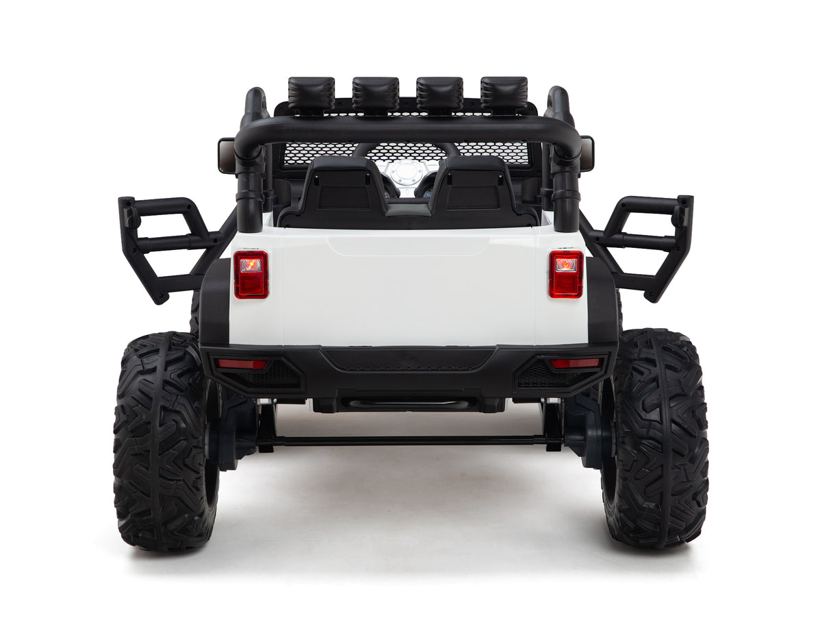 The White 24V EVA Big Wheels Kids 1 Seater Upgraded Ride On Truck features oversized rubber wheels, a roll cage, and no roof. This toy vehicle is ready for adventure with its powerful 24V battery and promises endless fun on any terrain, operated by remote control.