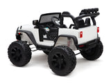 The White 24V EVA Big Wheels Kids 1 Seater Upgraded Ride On Truck features an open cabin with a leather seat and steering wheel, rear roll bars, and sturdy black rubber wheels. Positioned on a white background, it showcases its rugged design and adventurous style.