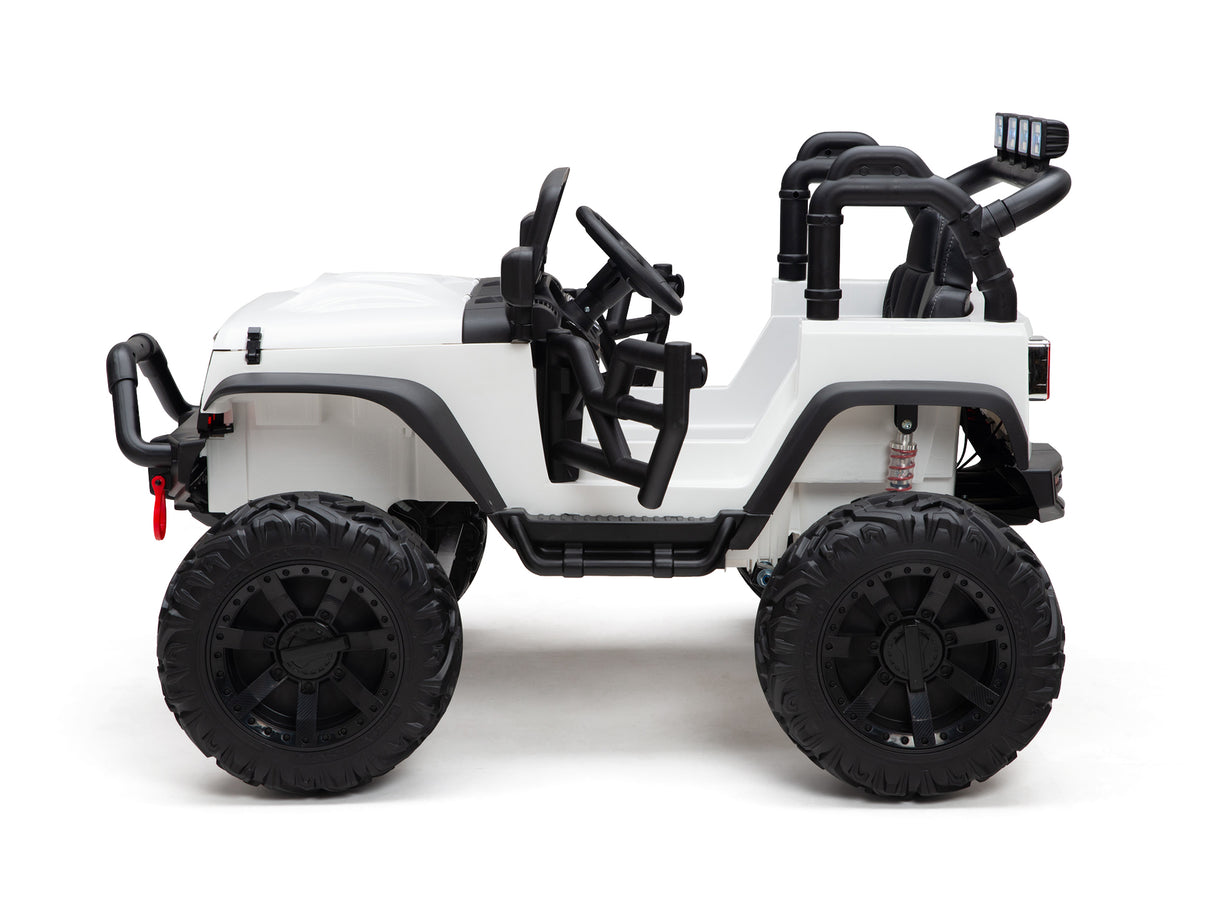 Side view of the White 24V EVA Big Wheels Kids 1 Seater Upgraded Ride On Truck with oversized exhaust pipes, small steering wheel, comfy leather seat, and large rubber wheels. This jeep-like vehicle is designed for childrens play and includes a remote control.