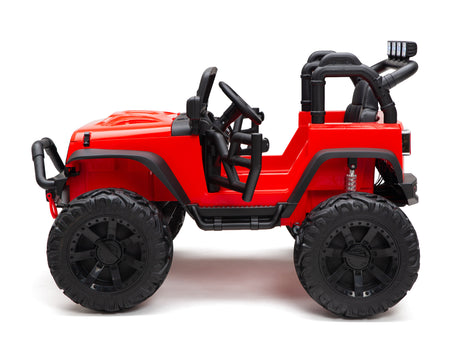 The Red 24V EVA Big Wheels Kids 1 Seater Upgraded Ride On Truck is shown in profile on a white background, featuring large black rubber tires, detailed interior elements like steering and seats, a powerful 24V battery, off-road styling with visible exhaust pipes—ideal for adventurous kids.