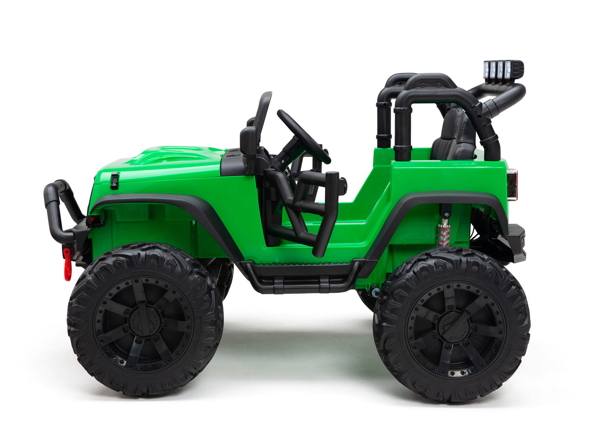 The Green 24V EVA Big Wheels Kids 1 Seater Upgraded Ride On Truck features large black rubber tires and detailed design elements like a steering wheel and tubular frame, mimicking a real off-road jeep. Photographed against a white background, this ride-on truck is also remote-controlled.