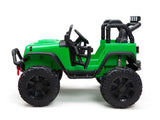 The Green 24V EVA Big Wheels Kids 1 Seater Upgraded Ride On Truck features large black rubber tires and detailed design elements like a steering wheel and tubular frame, mimicking a real off-road jeep. Photographed against a white background, this ride-on truck is also remote-controlled.