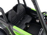 Experience the open-design Green 24V Edition Kids Ride On Car/UTV, akin to a sturdy golf buggy. It includes two black padded seats with seat belts, a steering wheel, floor mats, roll cage, visible dashboard controls, and durable EVA rubber wheels for exciting adventures.