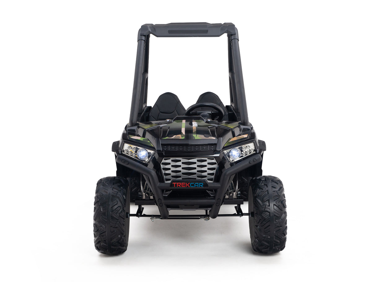 Front view of the Camo 2 Seats Golf Buggy 24V Edition Kids Ride On Car, featuring large knobby rubber wheels and a sturdy roll cage. This rugged black UTV has Trekcar branding, two seats, and modern angular headlights for a sporty, adventurous look.