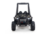 Front view of the Camo 2 Seats Golf Buggy 24V Edition Kids Ride On Car, featuring large knobby rubber wheels and a sturdy roll cage. This rugged black UTV has Trekcar branding, two seats, and modern angular headlights for a sporty, adventurous look.