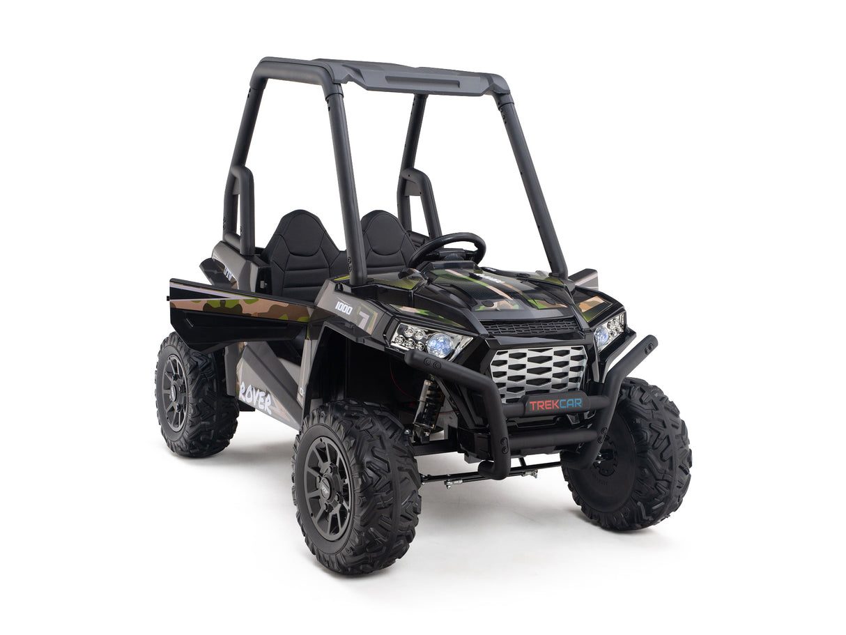 The Camo 2 Seats Golf Buggy 24V Edition is a compact ride-on car for kids, featuring rugged rubber wheels, a camouflaged design, and a roll cage. This mini side-by-side UTV is ideal for adventurous children seeking thrilling outdoor fun.