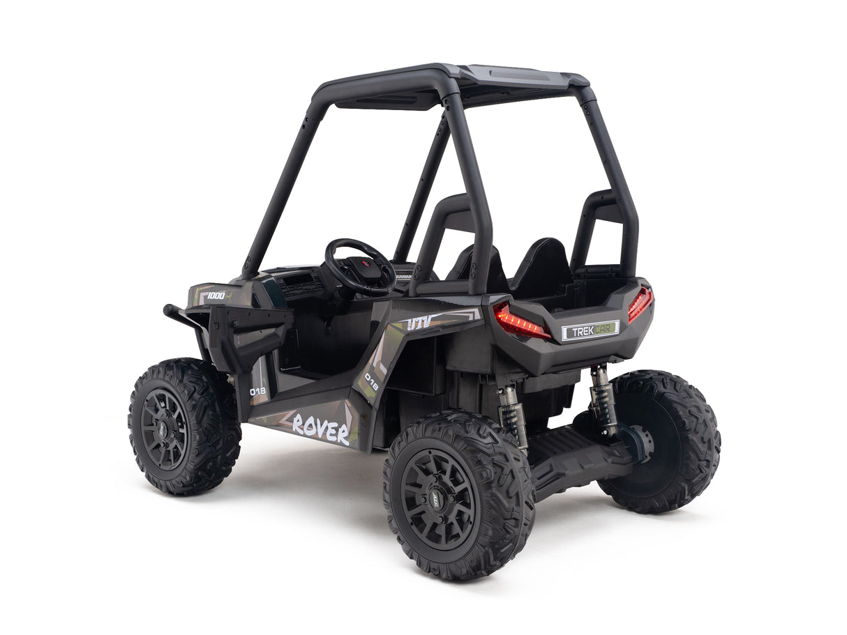 The Camo 2 Seats Golf Buggy 24V Edition Kids Ride On Car/UTV features rugged tires and resembles an all-terrain vehicle. With realistic details like a roll cage, decals, and two seats, it resembles a golf buggy. Its photographed against a white background.