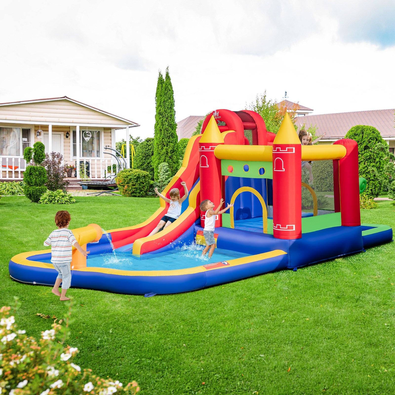 9-in-1 Inflatable Bounce Castle with Water Slide and Splash Pool witho ...