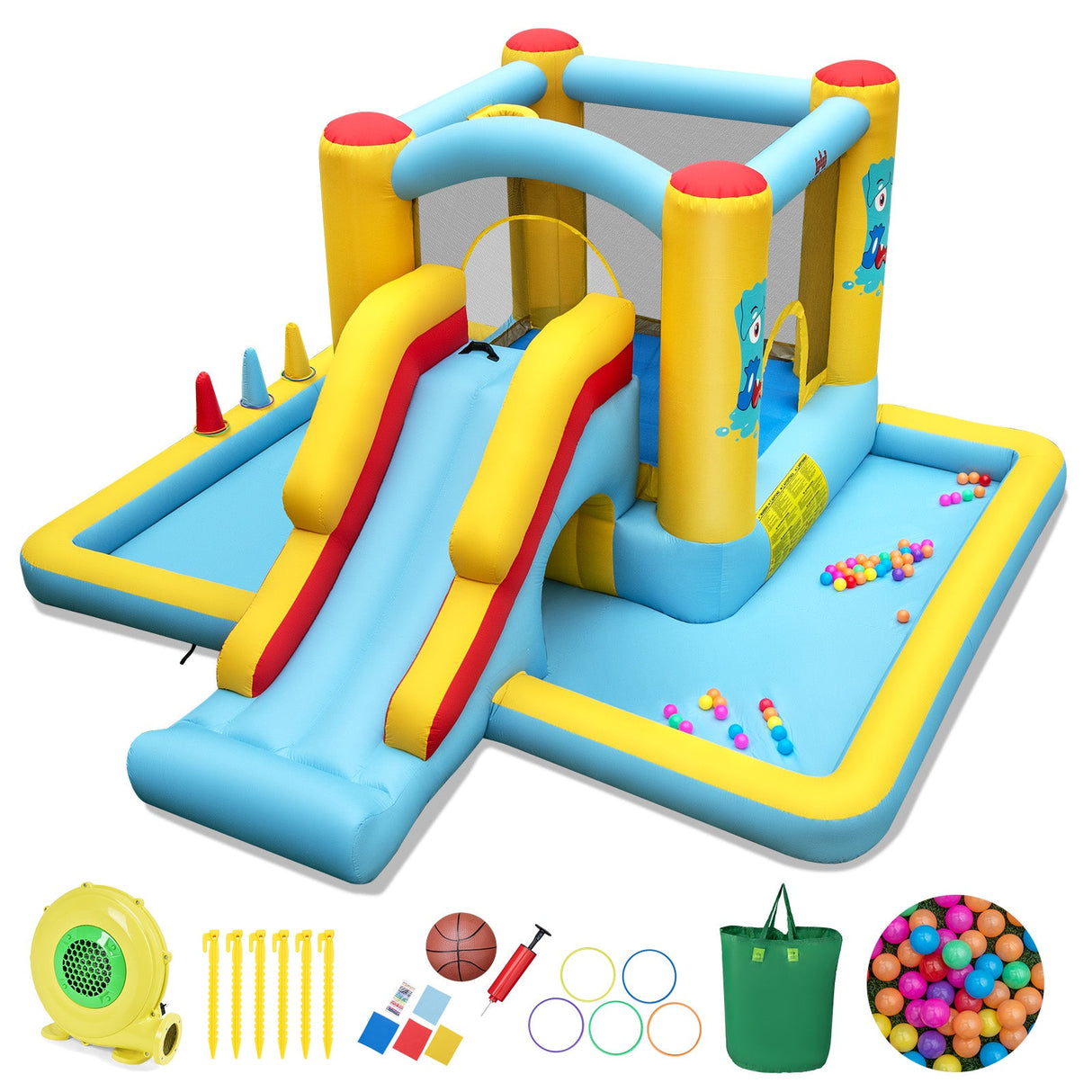 Inflatable Bounce House 7-in-1 Bouncy Castle with Slide and Tunnel with 480W Blower