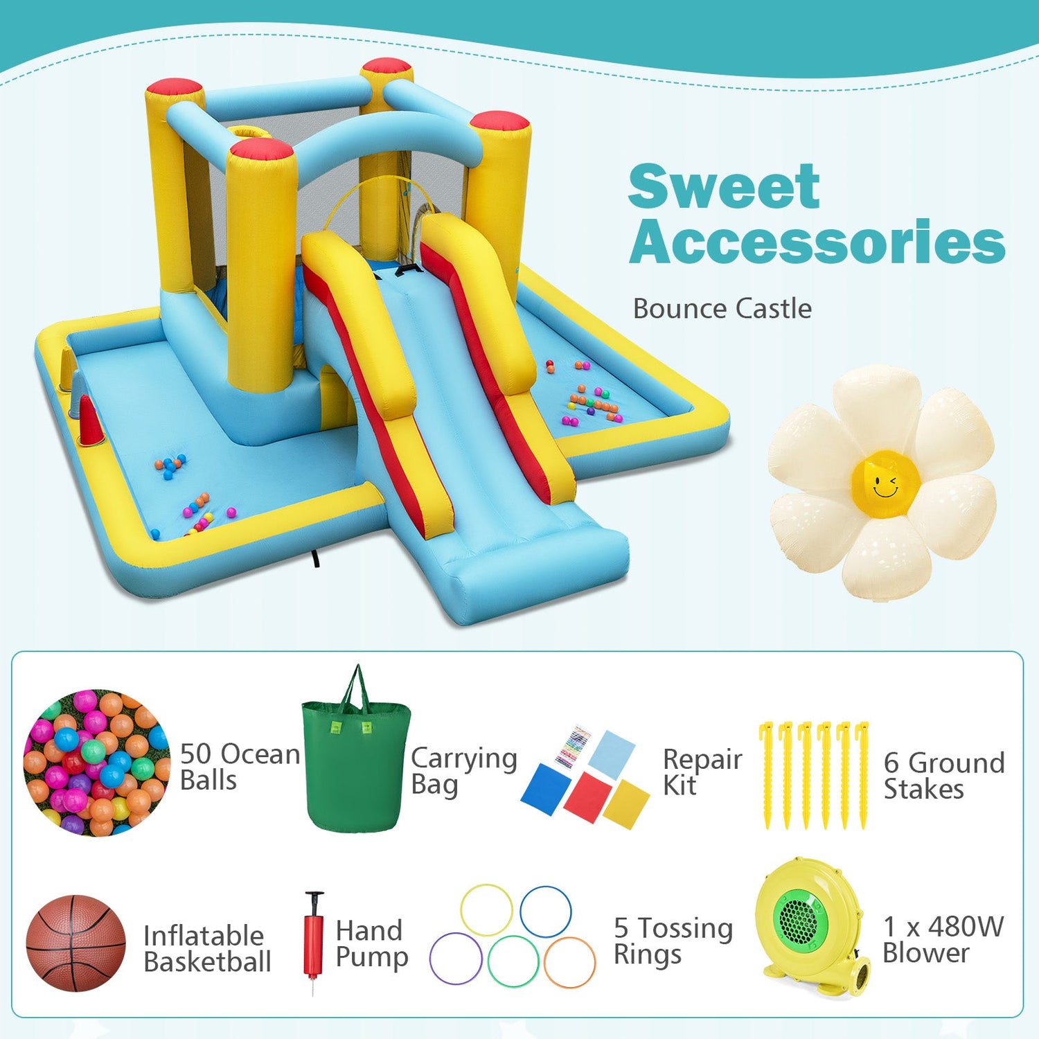 Inflatable Bounce House 7-in-1 Bouncy Castle with Slide and Tunnel with 480W Blower