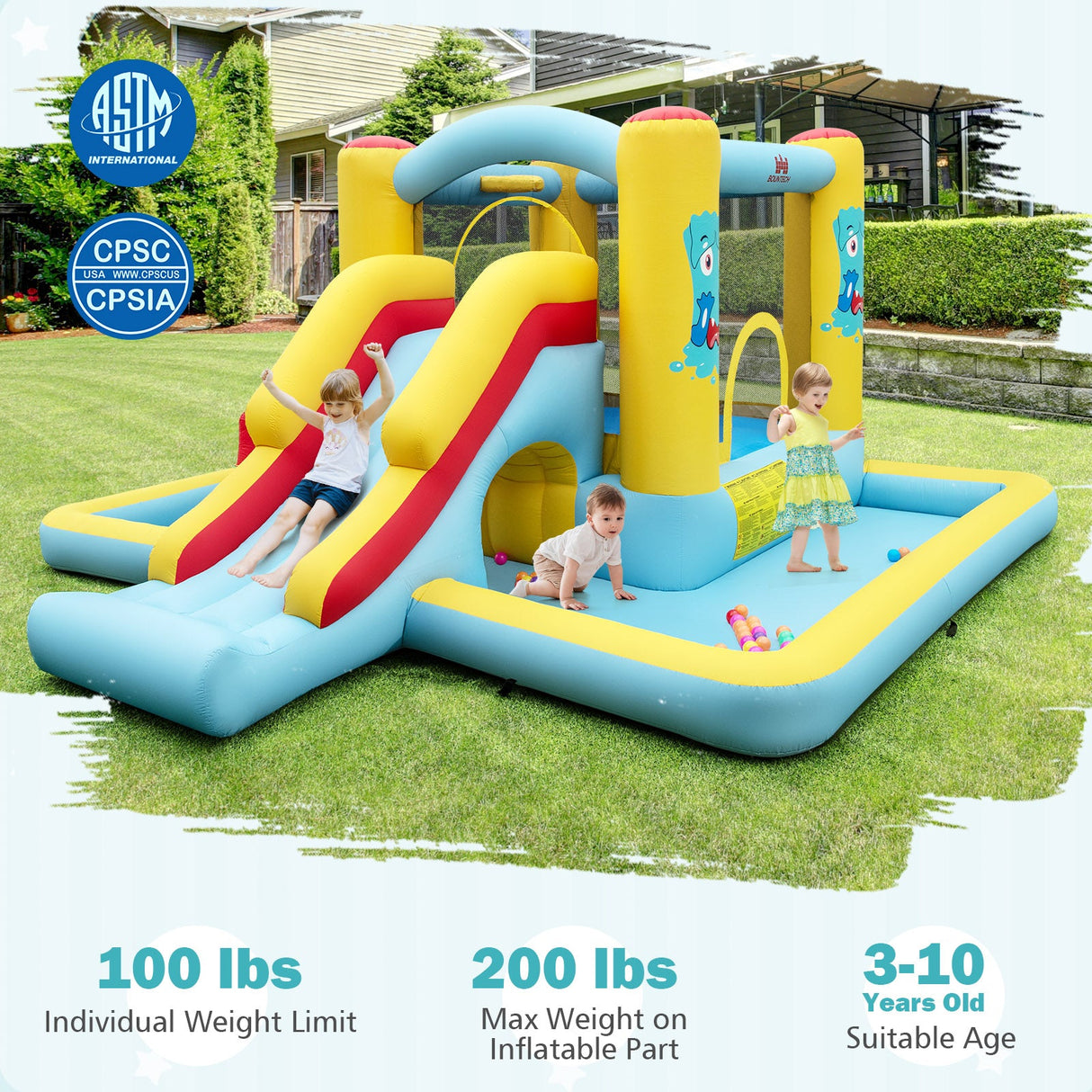 Inflatable Bounce House 7-in-1 Bouncy Castle with Slide and Tunnel with 550W Blower
