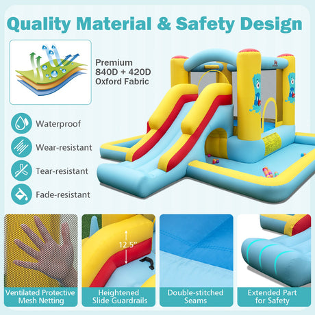 Inflatable Bounce House 7-in-1 Bouncy Castle with Slide and Tunnel with 550W Blower