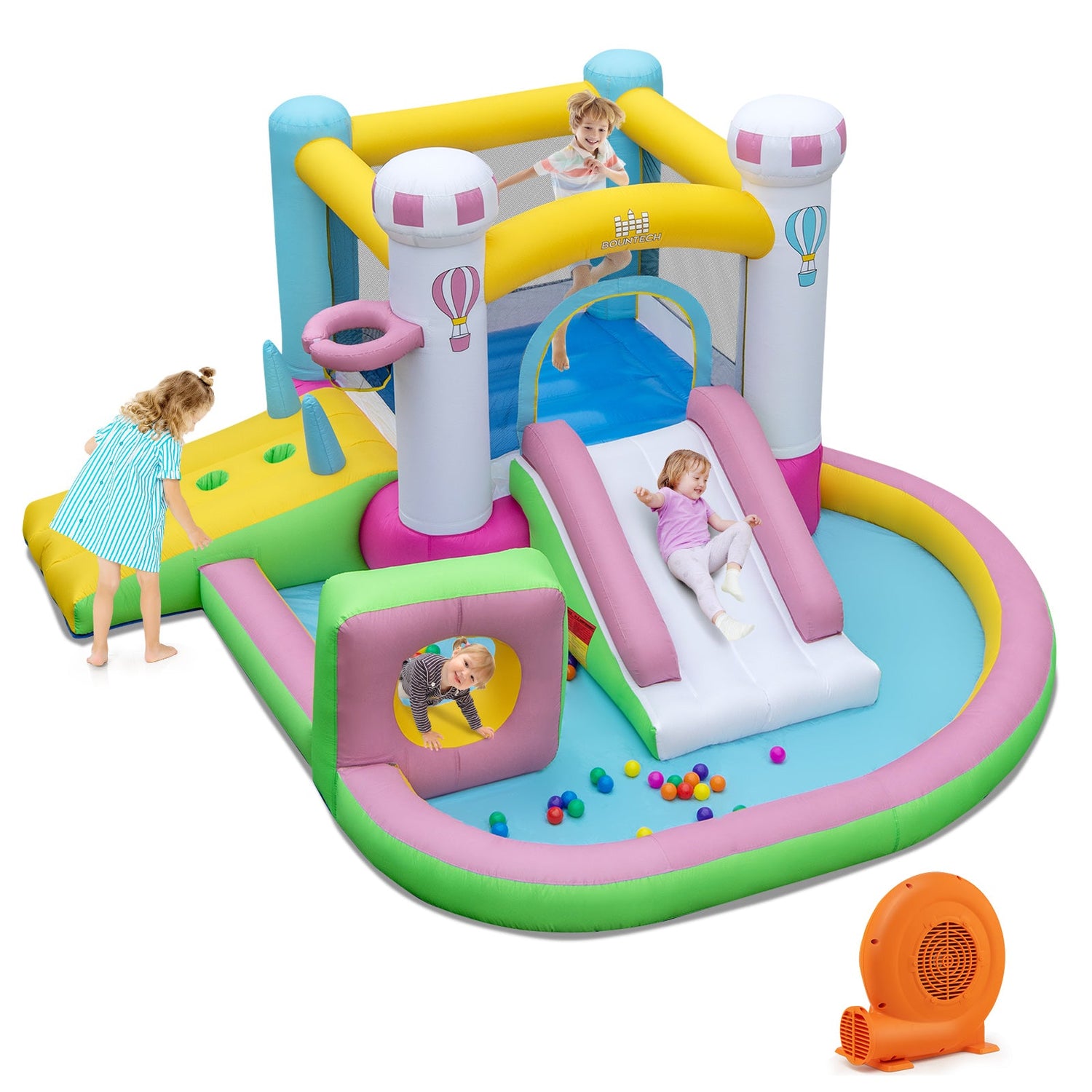 Inflatable Bounce House Bouncy Castle with Obstacle and Ball Pit with 520W Blower