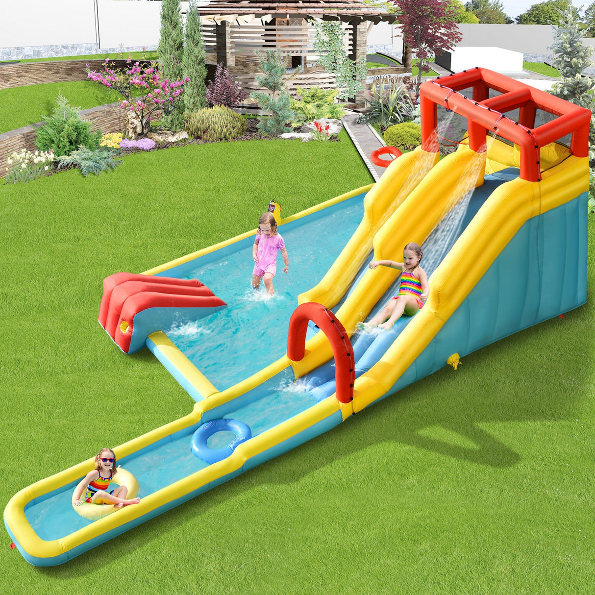 7-in-1 Inflatable Dual Slide Water Park Bounce House With 680W Blower