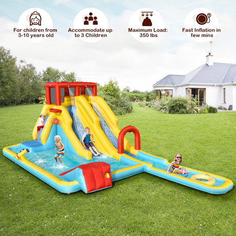7-in-1 Inflatable Dual Slide Water Park Bounce House With 680W Blower