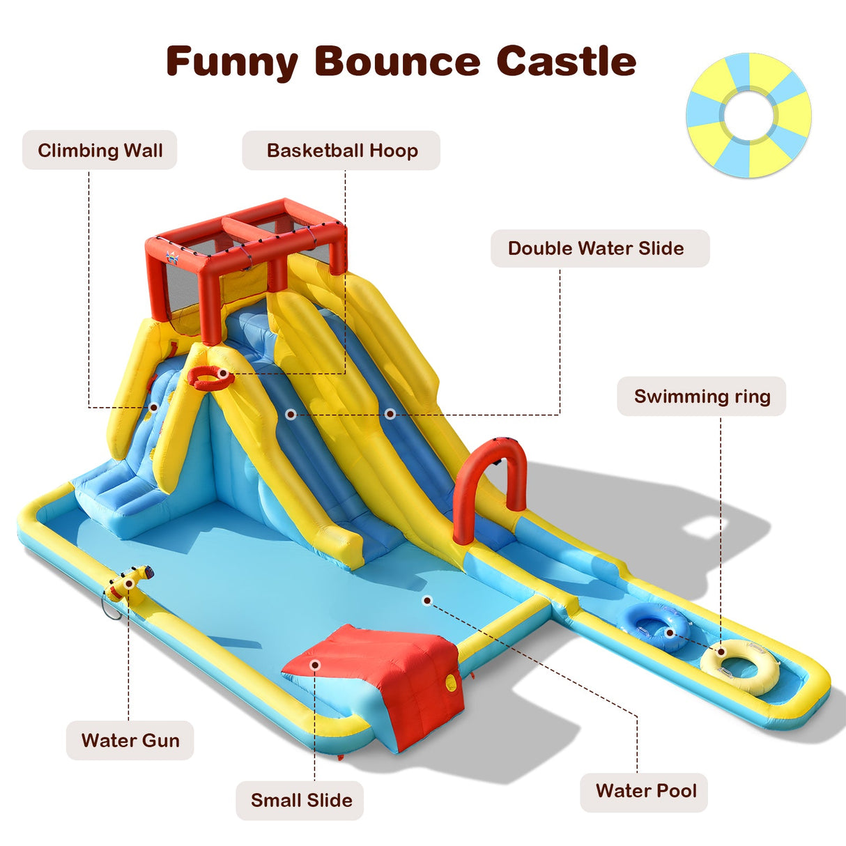 7-in-1 Inflatable Dual Slide Water Park Bounce House With 680W Blower