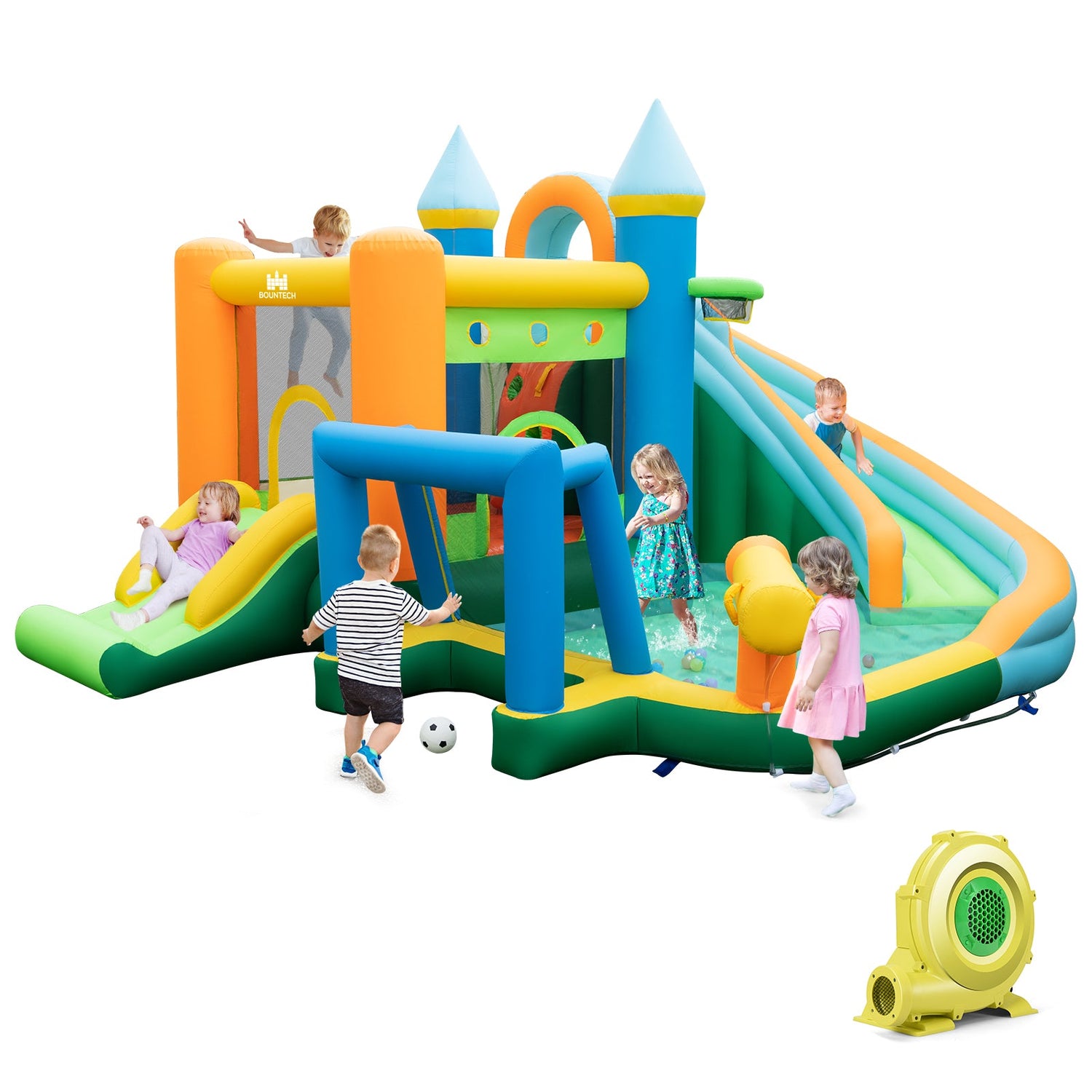 Inflatable Water Slide with Dual Slides and Splash Pool Bounce House with 735W Blower