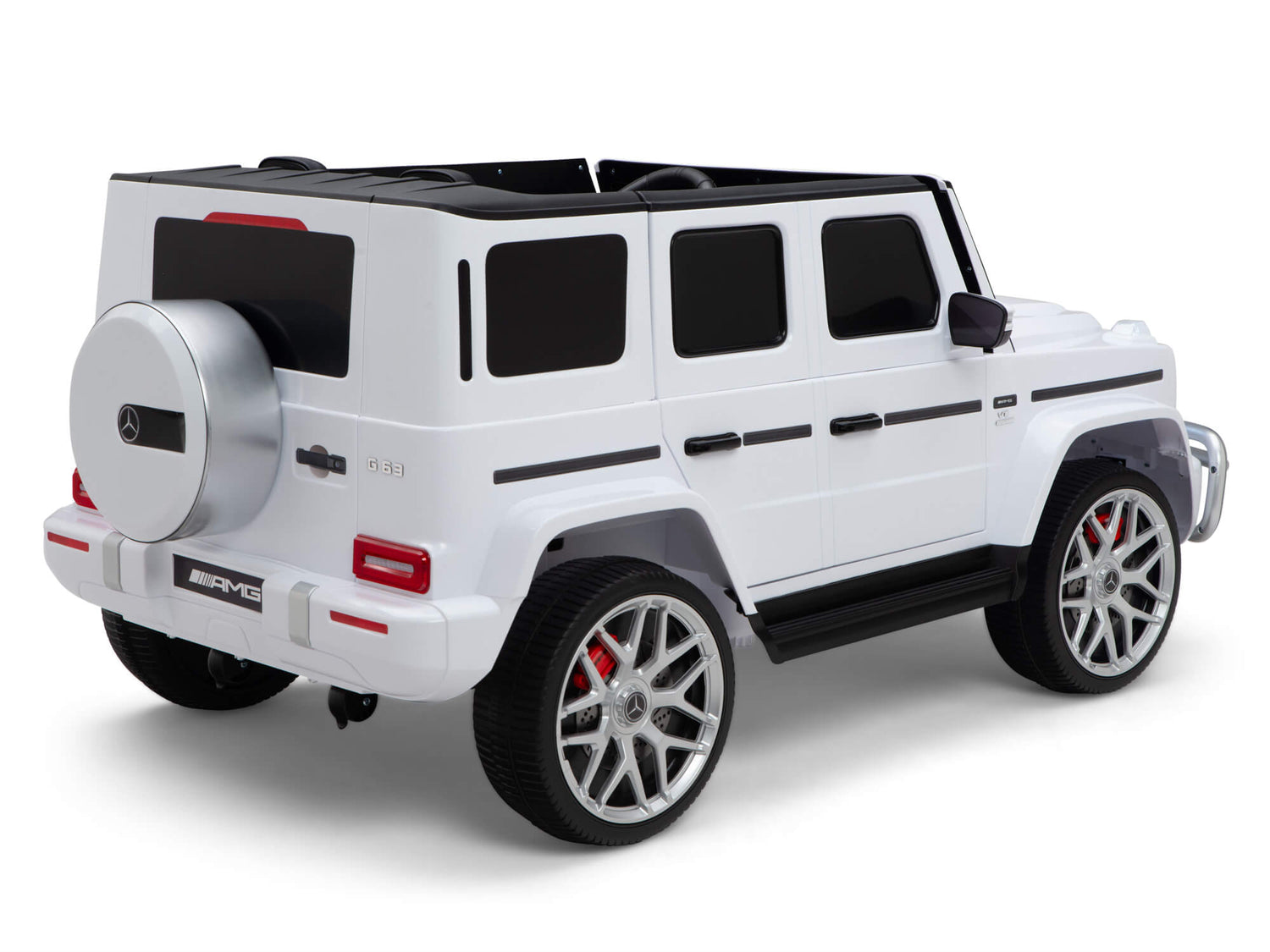 The 2 Seats 4x4 Official Mercedes Benz G63 Complete Edition White 24V Kids Ride On Car with RC is a luxury SUV toy featuring four large wheels, tinted windows, a rear spare tire, and black trim for an elegant look. Enjoy the ride-on experience powered by its efficient 24V battery.