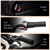 A close-up of three features on the 24V/250W SuperMoto Off Road Edition Dirt Bike: The top shows an indicator light with an on/off switch ideal for off-road adventures, the middle displays a hand-operated rear brake, and the bottom highlights a twist grip throttle on the handlebar.