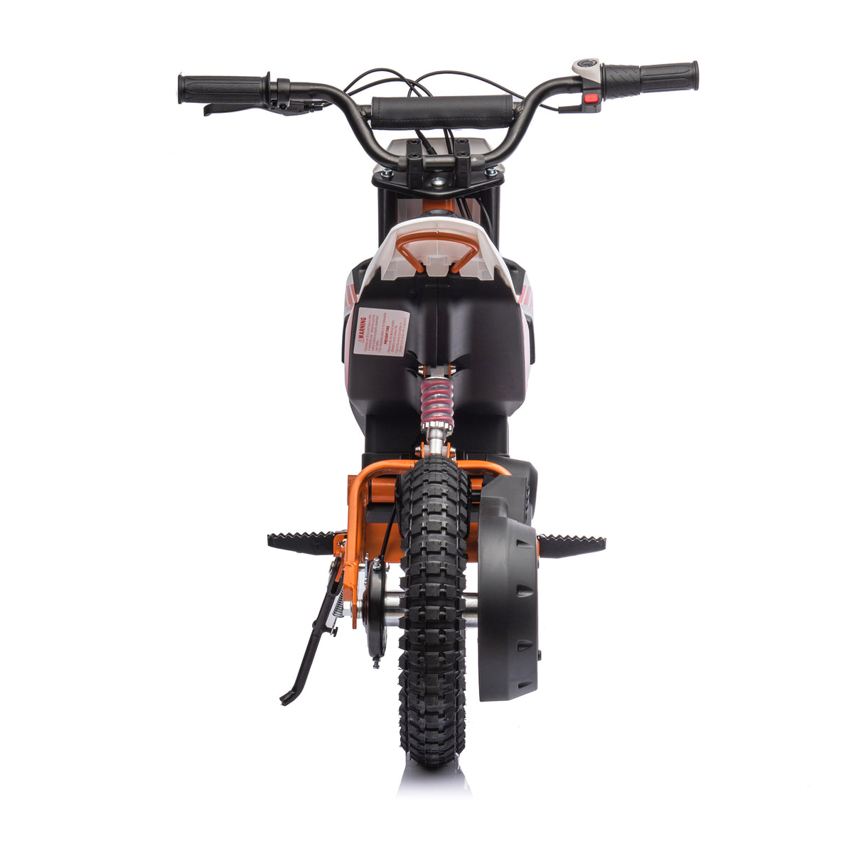 Front view of the 24V/250W SuperMoto Off Road Edition Dirt Bike, a small orange and black kids bike featuring knobby tires, a 250W motor, central shock absorber, footrests, and brake-lever handlebars for adventurous off-road rides.